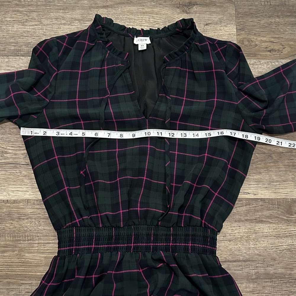 J.Crew Women Green Pink Blk Watch Plaid Smocked Waist Ruffle Midi Dress AG882 XS - Picture 10 of 12
